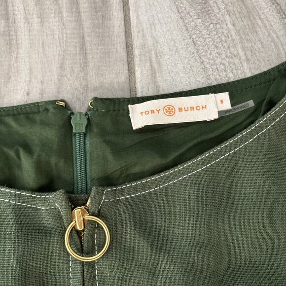 Tory Burch Nadia Dress Green Linen Short Sleeve Size 6 Belted Lined Zip Green - Picture 2 of 13